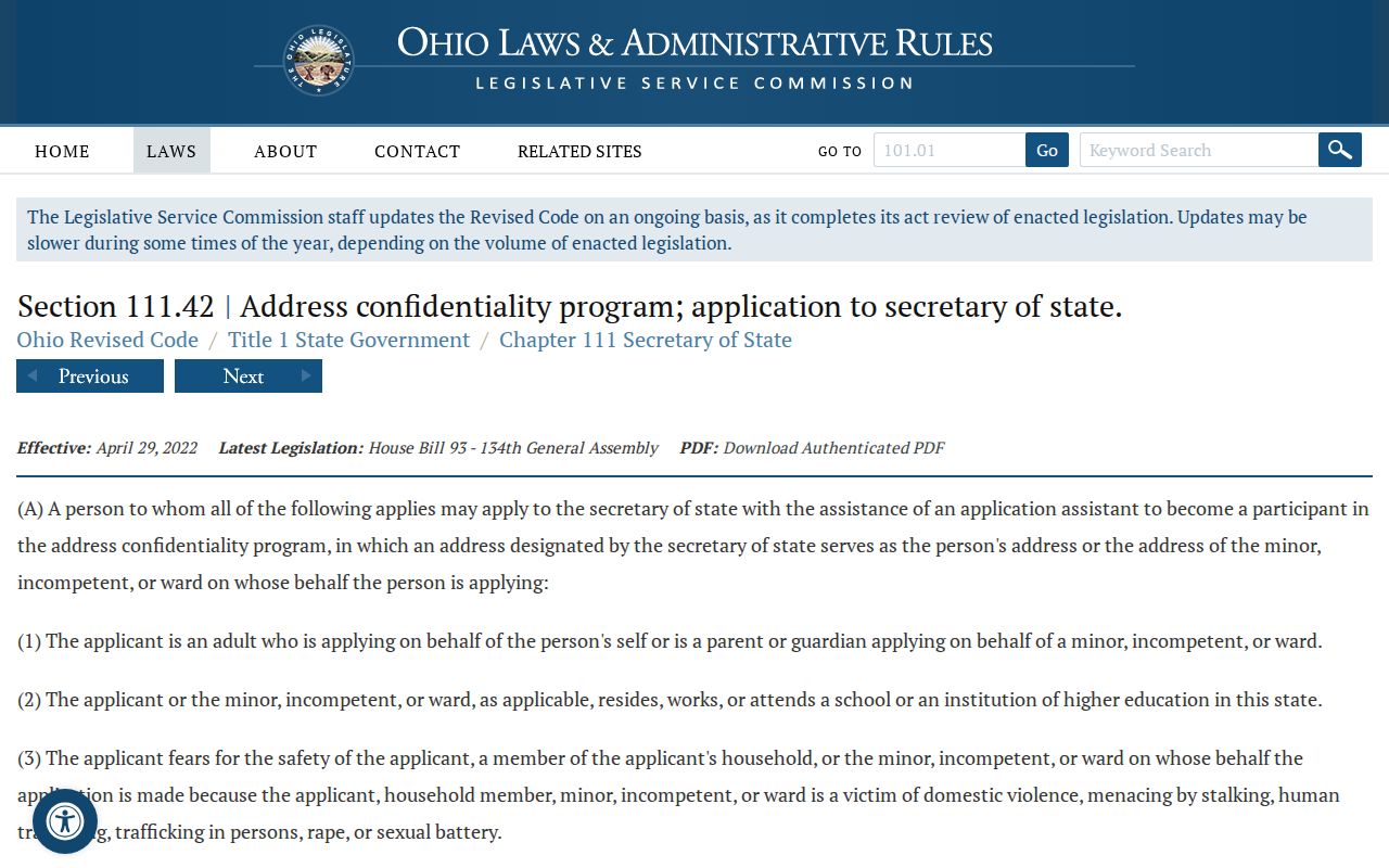 Alliance residents directory Ohio Safe at Home legal source