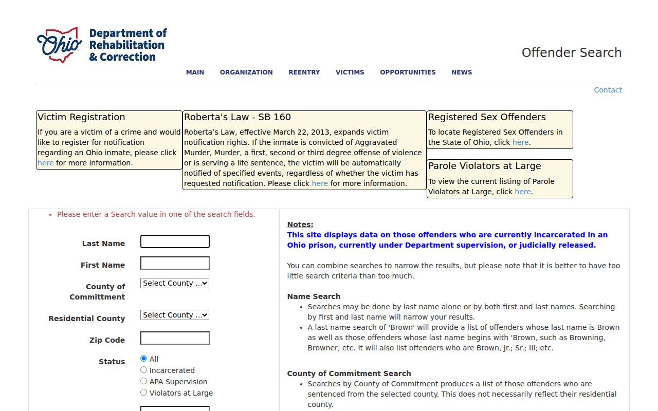 Alliance resident lookup Ohio offender search scope